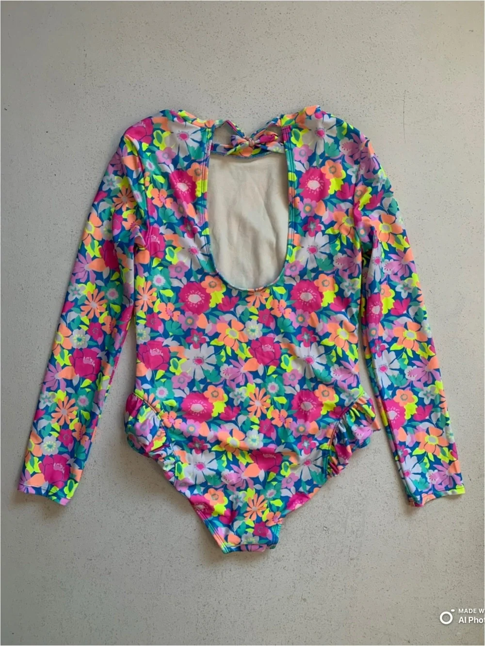 Cat & Jack Girls Large Colorful Flower Print Long Sleeve One Piece Swimsuit NWOT